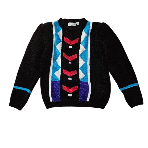 Vintage Sweaters - Vtg Shenanagins Black Chenille Sweater with Bright Geometric Pattern Sz M